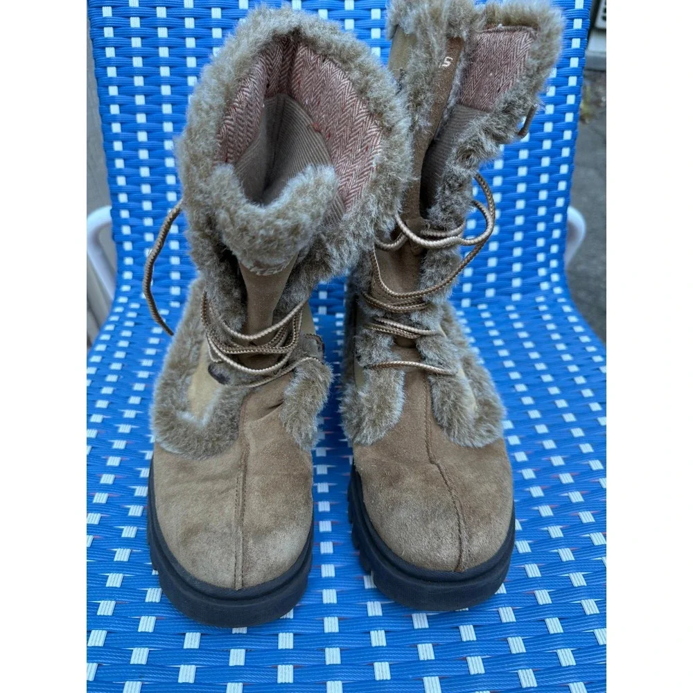 Sketchers Outdoor Tan Suede Faux Fur Trim‎ Winter Boots Lug Sole 45708 Womens 10